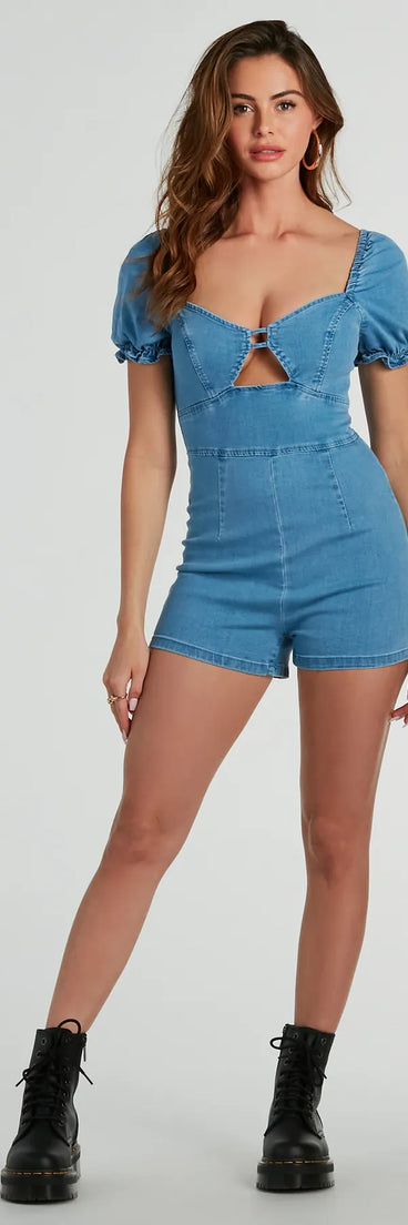 The Ultimate Go-To Cutie Puff Sleeve Denim Romper is an elevated one-piece that blends sleek sophistication with playful charm, perfect for nailing casual or formal outfits.