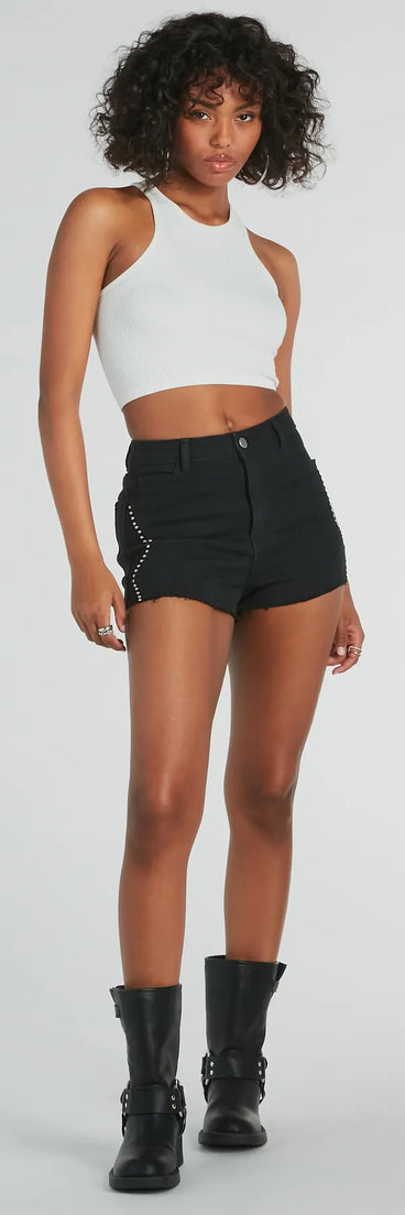 Chic Edginess High Rise Studded Denim Shorts