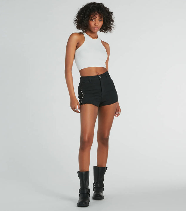 Chic Edginess High Rise Studded Denim Shorts Windsor