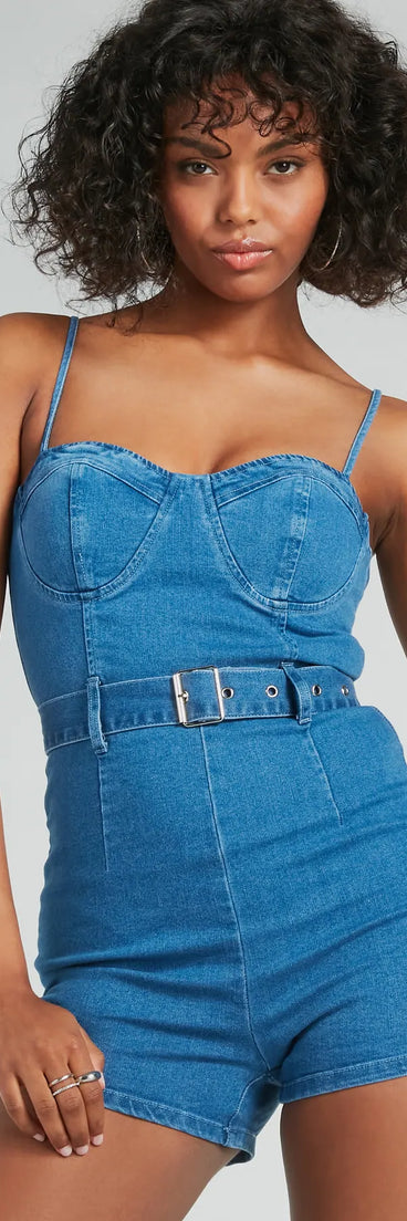 The Little Miss Perfect Sweetheart Belted Denim Romper is an elevated one-piece that blends sleek sophistication with playful charm, perfect for nailing casual or formal outfits.
