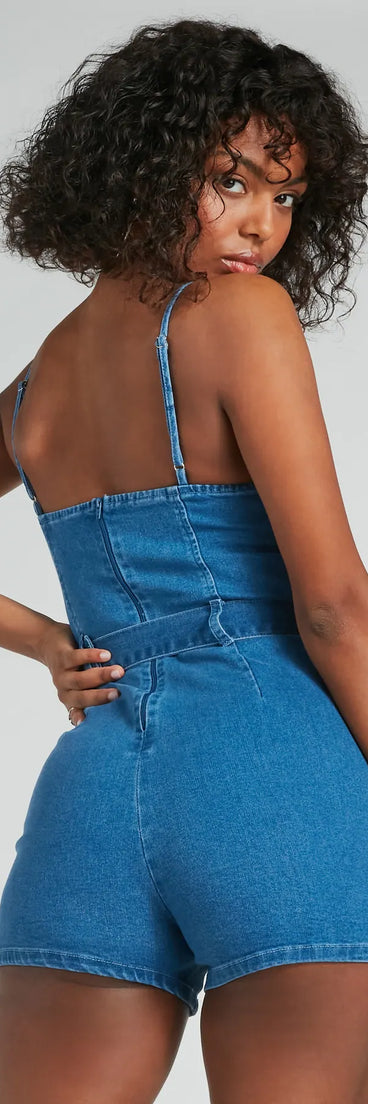 The Little Miss Perfect Sweetheart Belted Denim Romper is an elevated one-piece that blends sleek sophistication with playful charm, perfect for nailing casual or formal outfits.