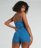 The Little Miss Perfect Sweetheart Belted Denim Romper is an elevated one-piece that blends sleek sophistication with playful charm, perfect for nailing casual or formal outfits.