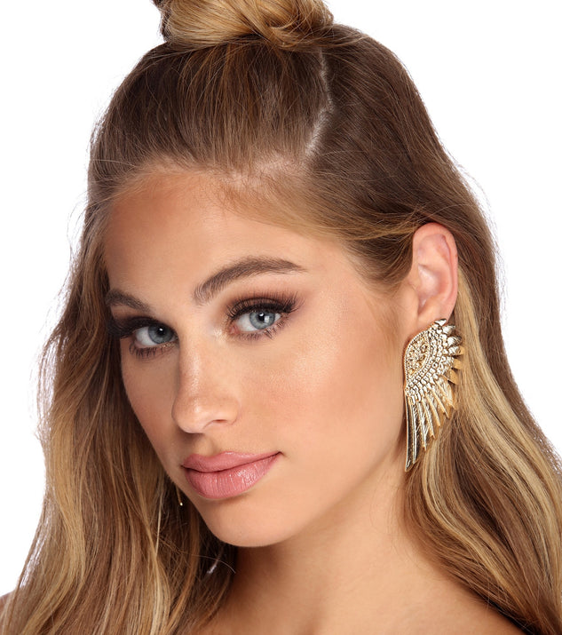 Winged Goddess Rhinestone Earrings is a trendy pick to create 2023 festival outfits, festival dresses, outfits for concerts or raves, and complete your best party outfits!