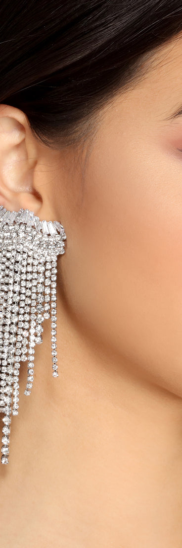 She's Arrived Rhinestone Fringe Earrings is a stunning choice for a bridesmaid dress or maid of honor dress, and to feel beautiful at Homecoming 2023, fall or winter weddings, formals, & military balls!