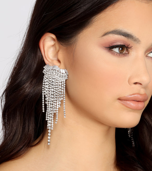 She's Arrived Rhinestone Fringe Earrings is a stunning choice for a bridesmaid dress or maid of honor dress, and to feel beautiful at Homecoming 2023, fall or winter weddings, formals, & military balls!