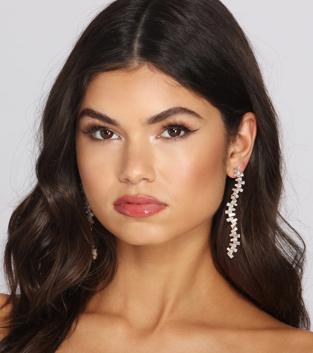 Baguette Stone Staggered Duster Earrings is a stunning choice for a bridesmaid dress or maid of honor dress, and to feel beautiful at Homecoming 2023, fall or winter weddings, formals, & military balls!