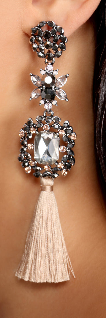 True Stunner Tiered Rhinestone Tassel Earrings is a stunning choice for a bridesmaid dress or maid of honor dress, and to feel beautiful at Homecoming 2023, fall or winter weddings, formals, & military balls!