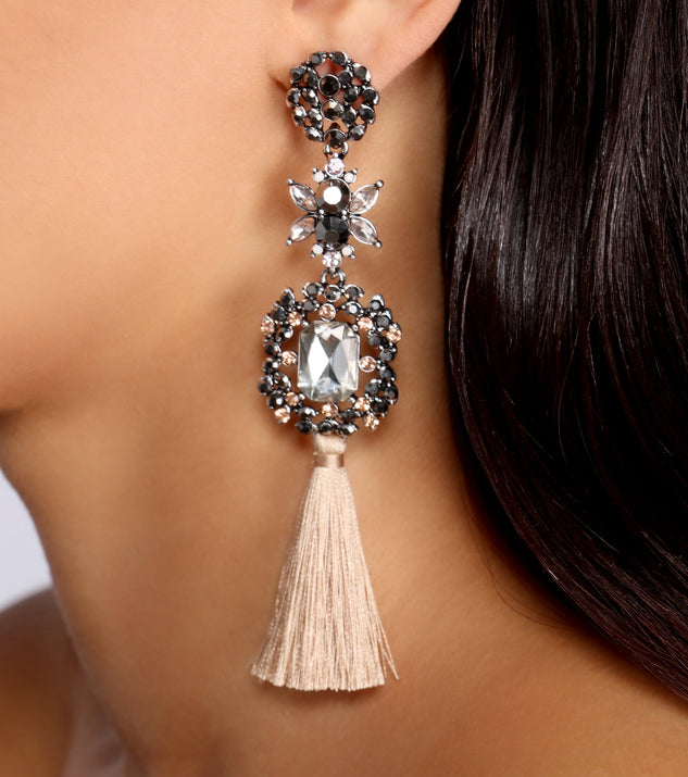 True Stunner Tiered Rhinestone Tassel Earrings is a stunning choice for a bridesmaid dress or maid of honor dress, and to feel beautiful at Homecoming 2023, fall or winter weddings, formals, & military balls!