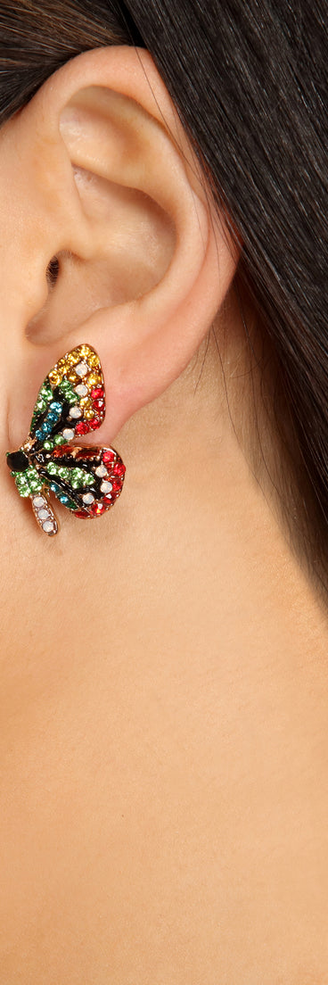Over The Rainbow Rhinestone Butterfly Stud Earrings for 2022 festival outfits, festival dress, outfits for raves, concert outfits, and/or club outfits