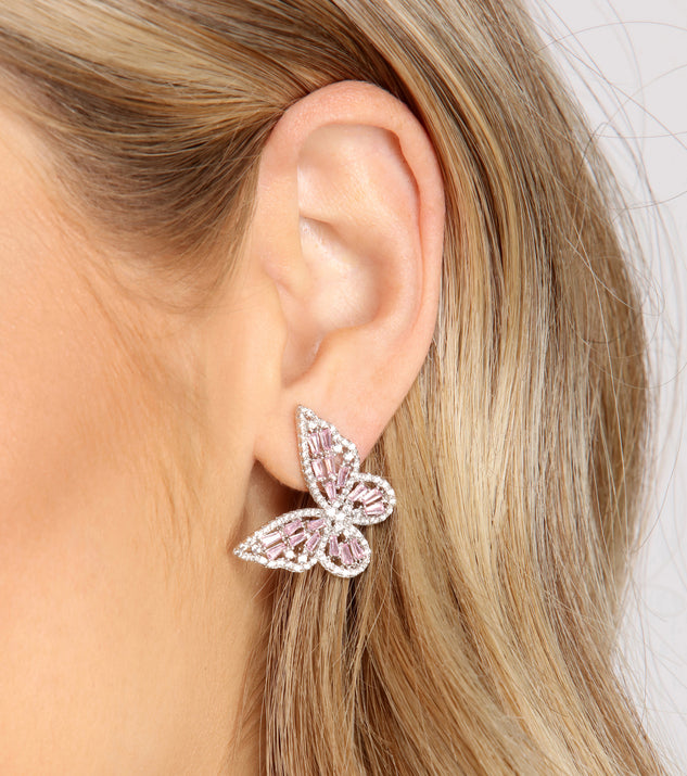 Butterfly Fly Away Cubic Zirconia Studs is a stunning choice for a bridesmaid dress or maid of honor dress, and to feel beautiful at Homecoming 2023, fall or winter weddings, formals, & military balls!