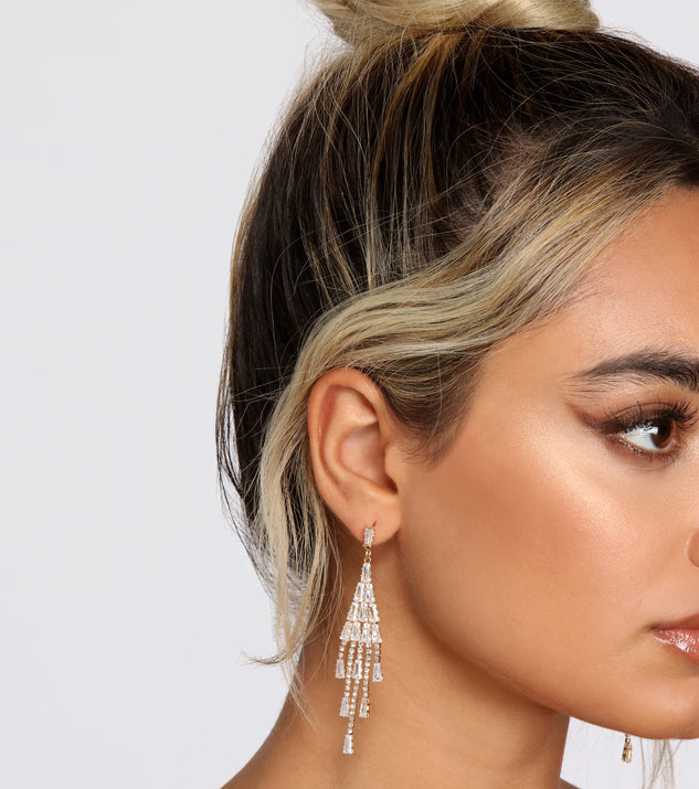 Darling Doll Baguette Chandelier Earrings is a stunning choice for a bridesmaid dress or maid of honor dress, and to feel beautiful at Homecoming 2023, fall or winter weddings, formals, & military balls!