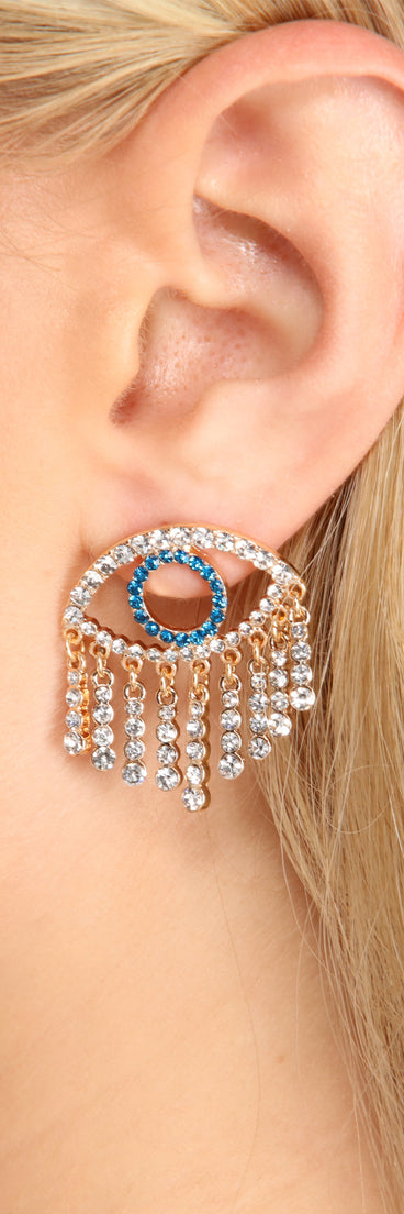 Rhinestone Eye Design Fringe Stud Earrings is a trendy pick to create 2023 festival outfits, festival dresses, outfits for concerts or raves, and complete your best party outfits!