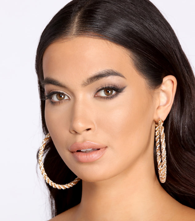 Twisted Rhinestone Hoop Earrings helps create the best bachelorette party outfit or the bride's sultry bachelorette dress for a look that slays!