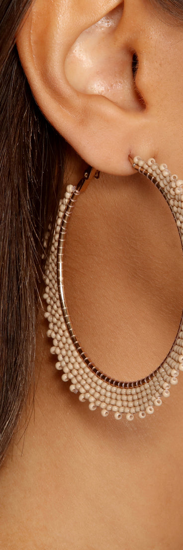 Beaded Babe Hoop Earrings is a trendy pick to create 2023 festival outfits, festival dresses, outfits for concerts or raves, and complete your best party outfits!