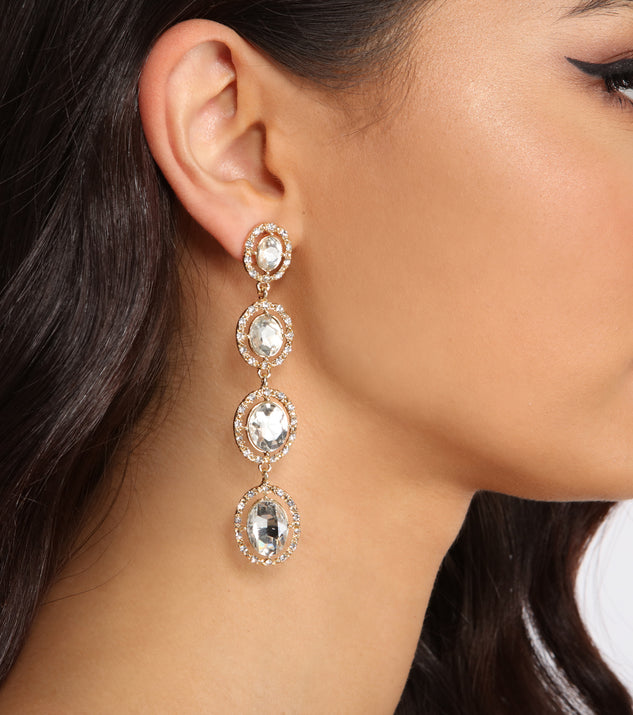 Always Alluring Rhinestone Linear Duster Earrings is a stunning choice for a bridesmaid dress or maid of honor dress, and to feel beautiful at Homecoming 2023, fall or winter weddings, formals, & military balls!