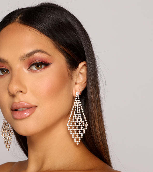 Sparkle and Shine Rhinestone Kite Chandelier Earrings is a stunning choice for a bridesmaid dress or maid of honor dress, and to feel beautiful at Homecoming 2023, fall or winter weddings, formals, & military balls!