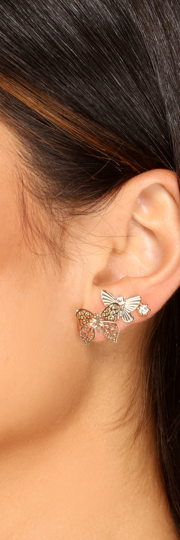 Three Pack Butterfly And Rhinestone Stud Earrings Set