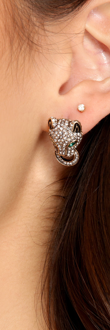 Rhinestone Leopard Head Earrings for 2022 festival outfits, festival dress, outfits for raves, concert outfits, and/or club outfits