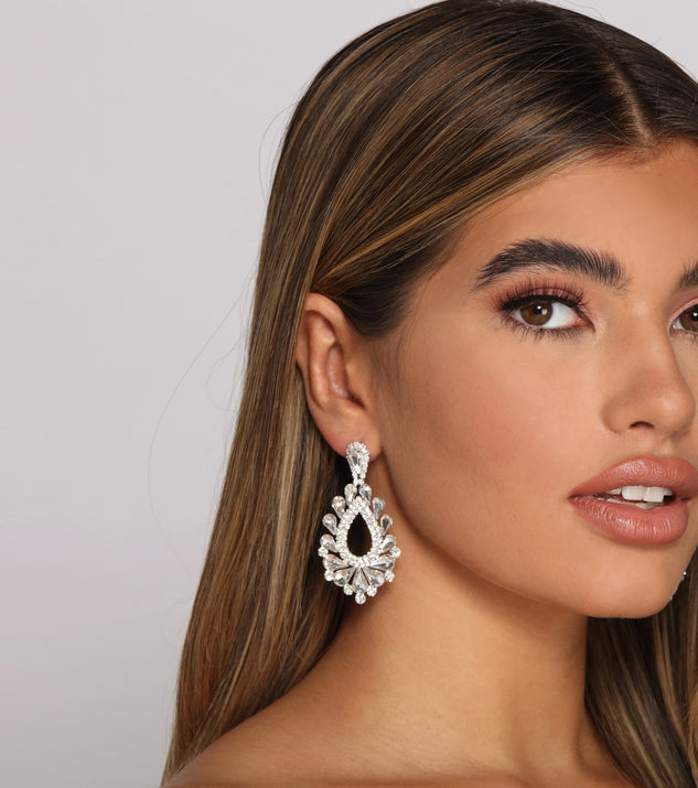 Glamorous Beauty Rhinestone Statement Earrings is a stunning choice for a bridesmaid dress or maid of honor dress, and to feel beautiful at Homecoming 2023, fall or winter weddings, formals, & military balls!
