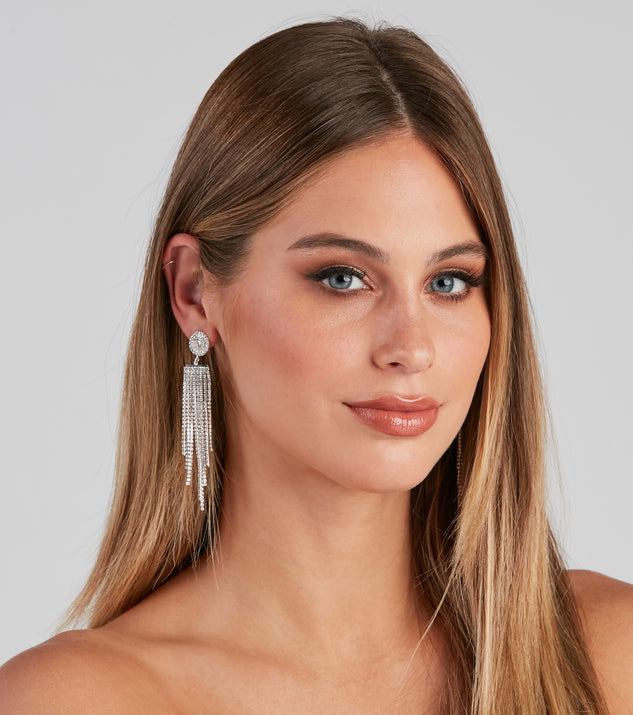 Bring The Dazzle Rhinestone Fringe Earrings is a stunning choice for a bridesmaid dress or maid of honor dress, and to feel beautiful at Homecoming 2023, fall or winter weddings, formals, & military balls!