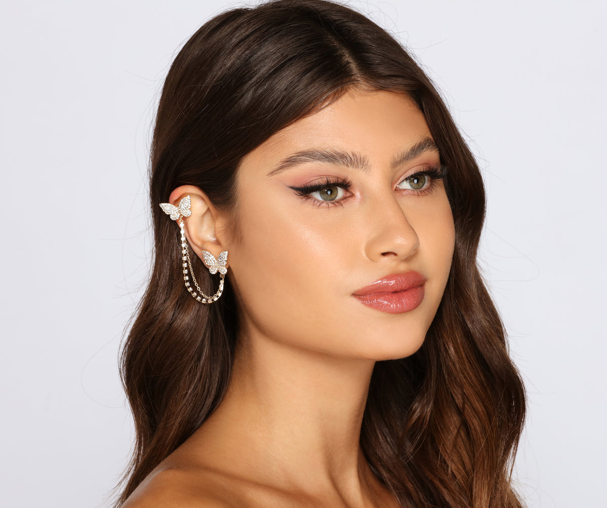 Butterfly Rhinestone Cuff Stud Earrings