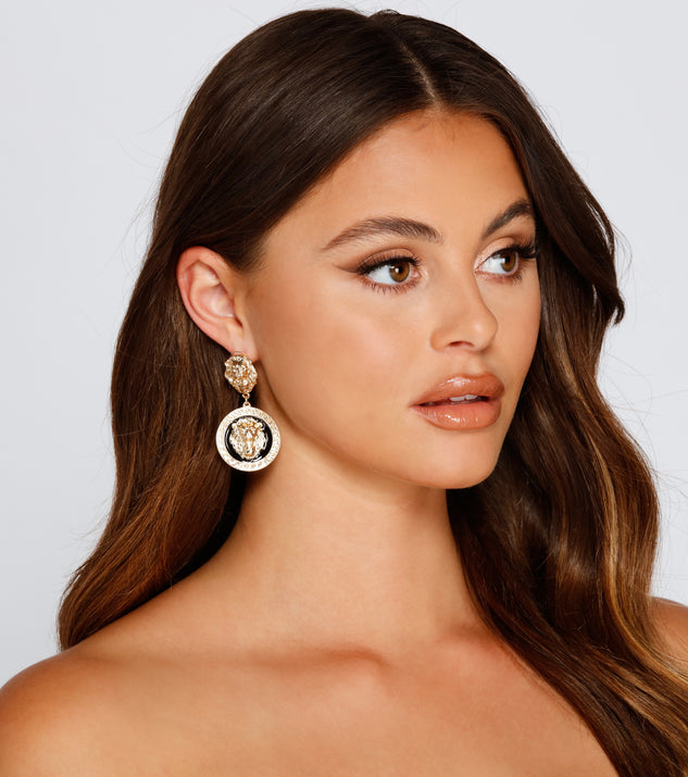 Lion Charm And Greek Key Earrings for 2022 festival outfits, festival dress, outfits for raves, concert outfits, and/or club outfits