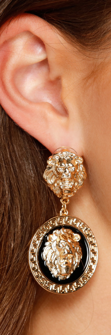 Lion Charm And Greek Key Earrings for 2022 festival outfits, festival dress, outfits for raves, concert outfits, and/or club outfits