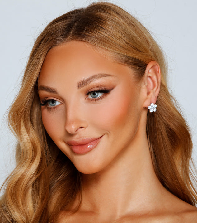 Floral Bloom Cubic Zirconia Studs is a stunning choice for a bridesmaid dress or maid of honor dress, and to feel beautiful at Homecoming 2023, fall or winter weddings, formals, & military balls!