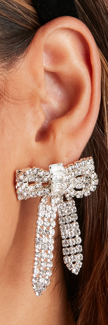 Chic Glamour White Rhinestone Bow Earrings