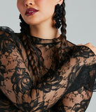 Hello Gorgeous Black Floral Dangly Earrings styled with a lace top from Windsor.