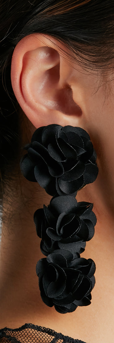 Hello Gorgeous Black Floral Dangly Earrings from Windsor's 2023 Halloween Costume Shop..