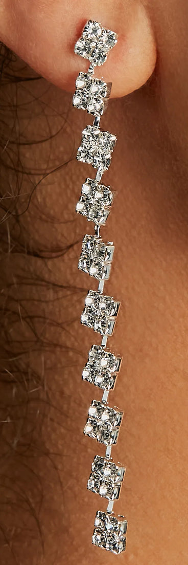 The Prettiest Glam Rhinestone Dainty Drop Earrings helps create a chic women's cocktail outfit with a trendy texture and stylish design, ideal for wedding guest cocktail outfits or dinner parties.