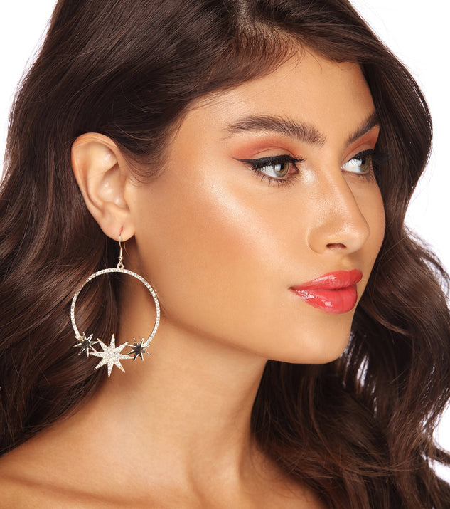 Rhinestone Starburst Hoop Earrings for 2022 festival outfits, festival dress, outfits for raves, concert outfits, and/or club outfits