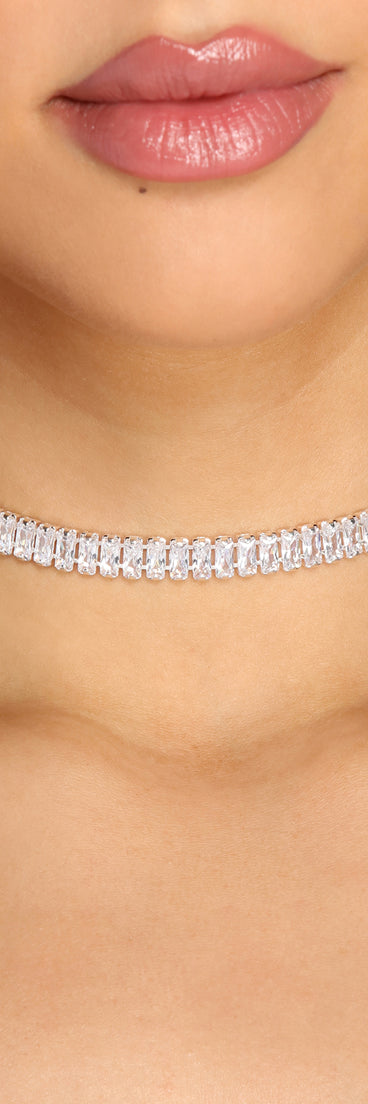 Cubic Zirconia Baguette Choker Necklace is a stunning choice for a bridesmaid dress or maid of honor dress, and to feel beautiful at Homecoming 2023, fall or winter weddings, formals, & military balls!