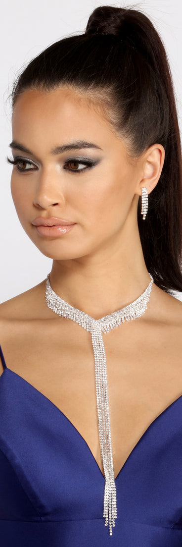 Drop Dead Gorgeous Rhinestone Fringe Necklace + Earring Set creates the perfect New Year’s Eve Outfit or new years dress with stylish details in the latest trends to ring in 2023!