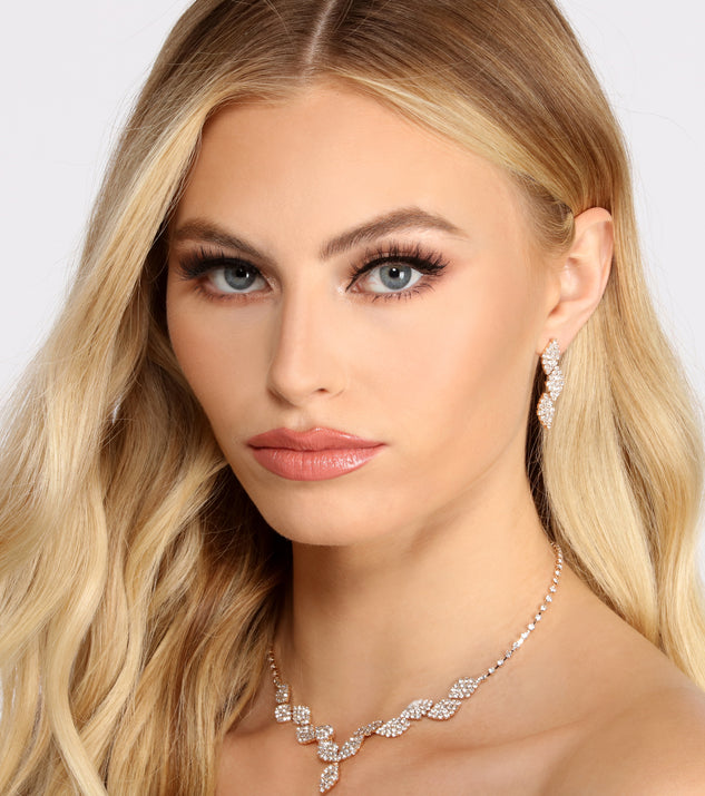 Unstoppable Shine Rhinestone Leaf Necklace + Earring Set for 2022 festival outfits, festival dress, outfits for raves, concert outfits, and/or club outfits