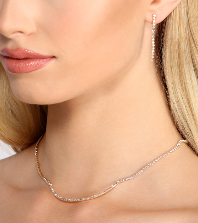 With Make It Dainty Gold Rhinestone Necklace + Earring Set as your homecoming jewelry or accessories, your 2023 Homecoming dress look will be fire!