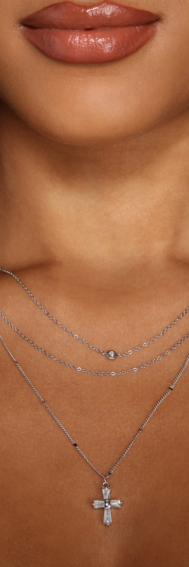 Dainty Three Row Cross Charm Necklace
