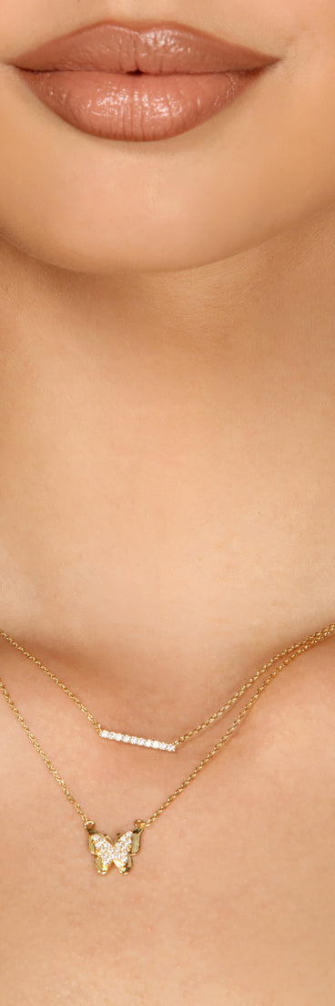 Rhinestone Butterfly and Bar Charm Layered Necklace for 2022 festival outfits, festival dress, outfits for raves, concert outfits, and/or club outfits