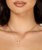 Rhinestone Butterfly and Bar Charm Layered Necklace for 2022 festival outfits, festival dress, outfits for raves, concert outfits, and/or club outfits