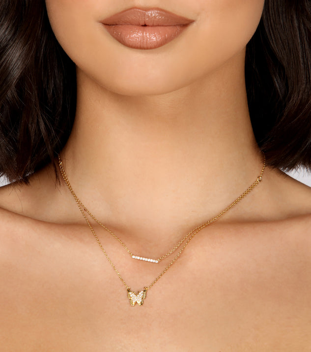 Rhinestone Butterfly and Bar Charm Layered Necklace for 2022 festival outfits, festival dress, outfits for raves, concert outfits, and/or club outfits