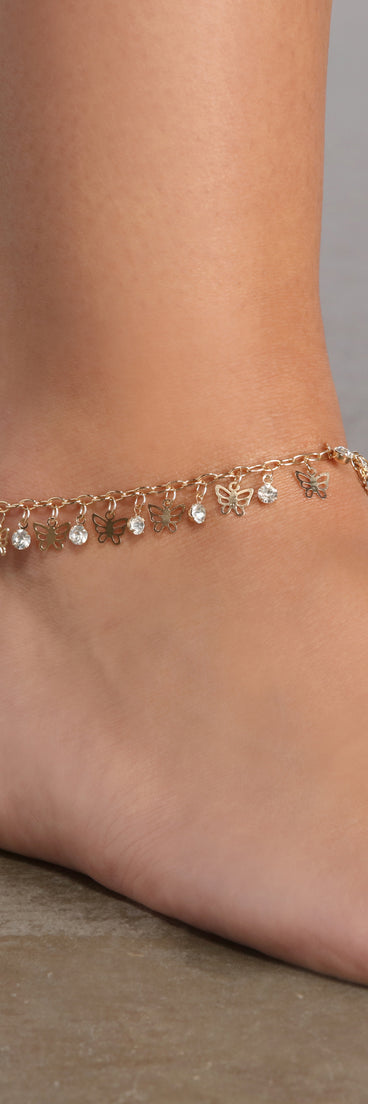 Butterfly Charm Rhinestone Anklet is a trendy pick to create 2023 festival outfits, festival dresses, outfits for concerts or raves, and complete your best party outfits!