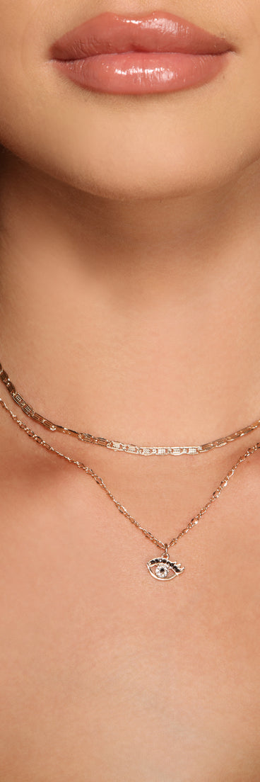 Layered Chain Link Eye Charm Necklace