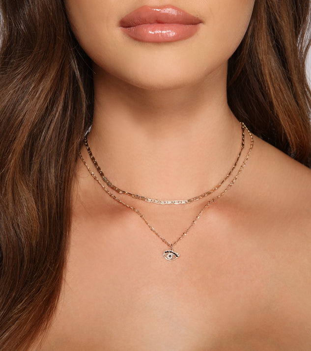 Layered Chain Link Eye Charm Necklace