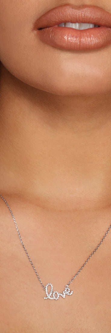 Dainty Love Rhinestone Script Necklace is a trendy pick to create 2023 festival outfits, festival dresses, outfits for concerts or raves, and complete your best party outfits!