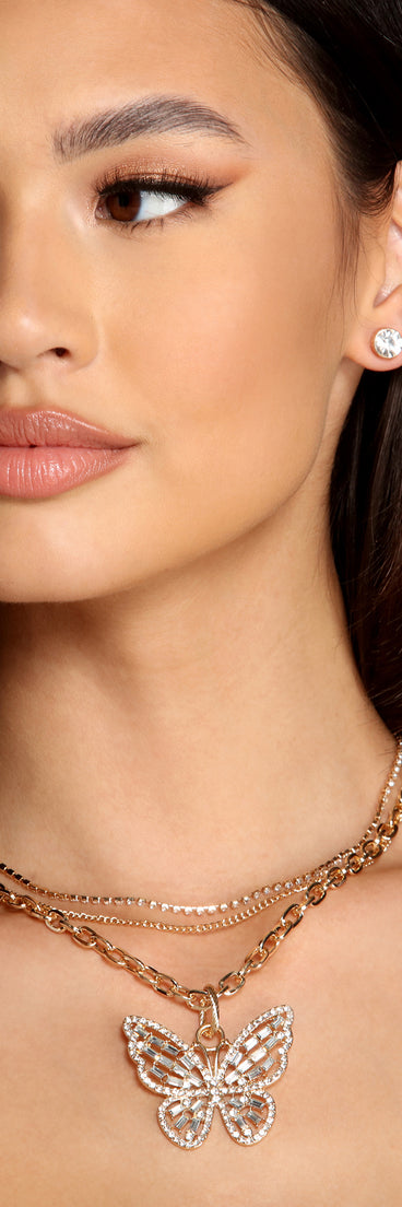 Triple Row Butterfly Rhinestone Necklace and Studs for 2022 festival outfits, festival dress, outfits for raves, concert outfits, and/or club outfits