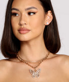 Triple Row Butterfly Rhinestone Necklace and Studs for 2022 festival outfits, festival dress, outfits for raves, concert outfits, and/or club outfits
