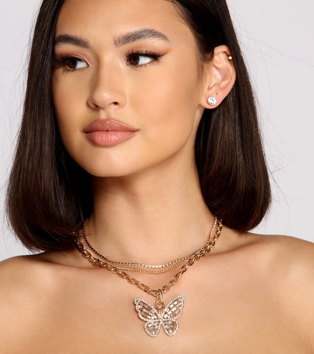 Triple Row Butterfly Rhinestone Necklace and Studs for 2022 festival outfits, festival dress, outfits for raves, concert outfits, and/or club outfits