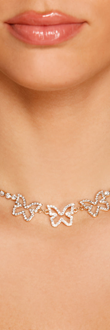 Swept Away Rhinestone Butterfly Necklace for 2022 festival outfits, festival dress, outfits for raves, concert outfits, and/or club outfits