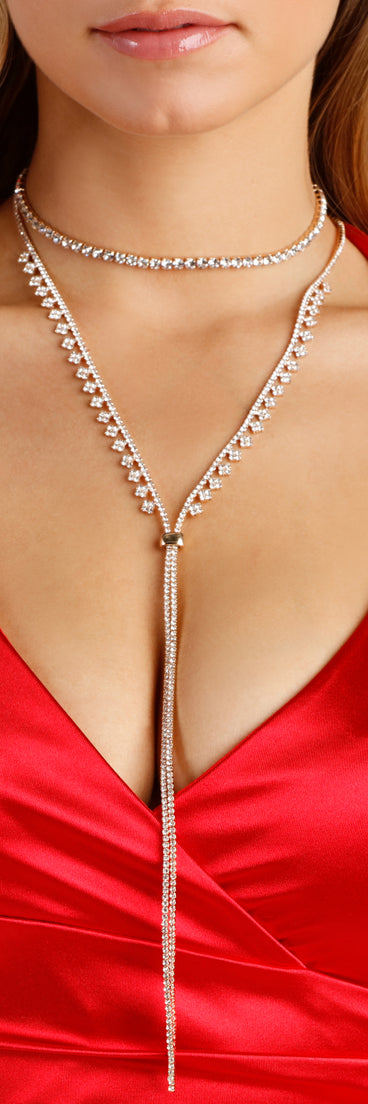 Glam Statement Rhinestone Lariat Layered Necklace for 2022 festival outfits, festival dress, outfits for raves, concert outfits, and/or club outfits